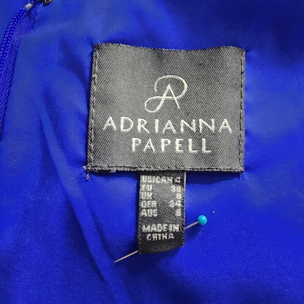 Adrianna Papell Blue Sheath Dress Side Pleats Draped Neckline Short Sleeves - Picture 4 of 6